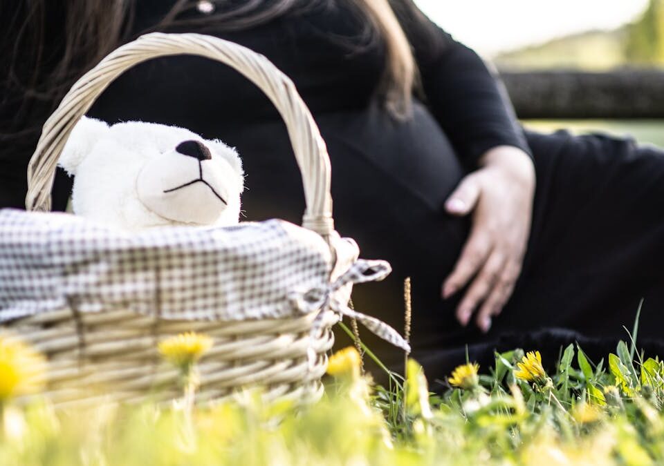 Kits de acompanhamento pré-natal: como escolher o melhor online Pregnant Woman Sitting on Grass Near Picnic Basket