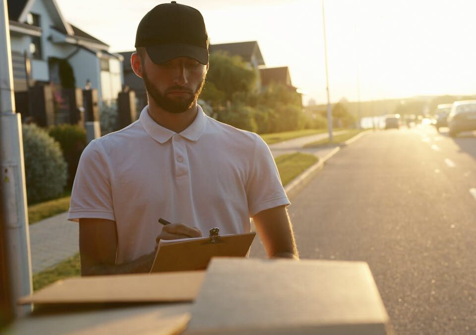 Preciso de CNH para trabalhar com entregas? Delivery worker writing on clipboard while delivering packages on a sunny street.