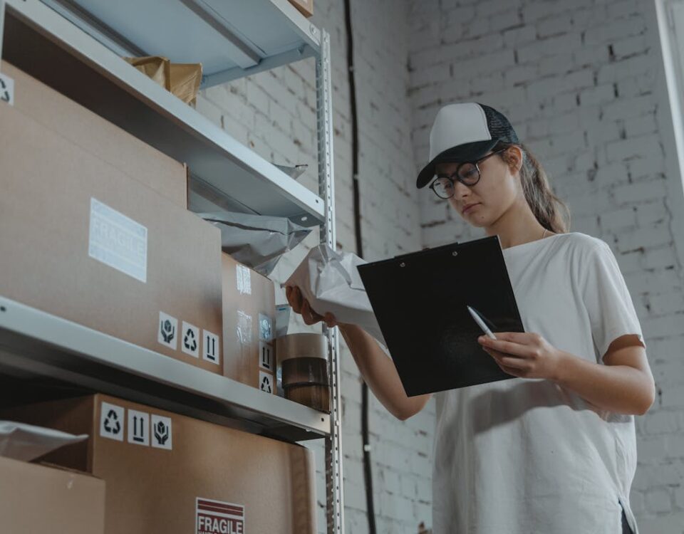 Planejamento logístico para pequenas empresas Warehouse worker organizing packages on shelf with clipboard.