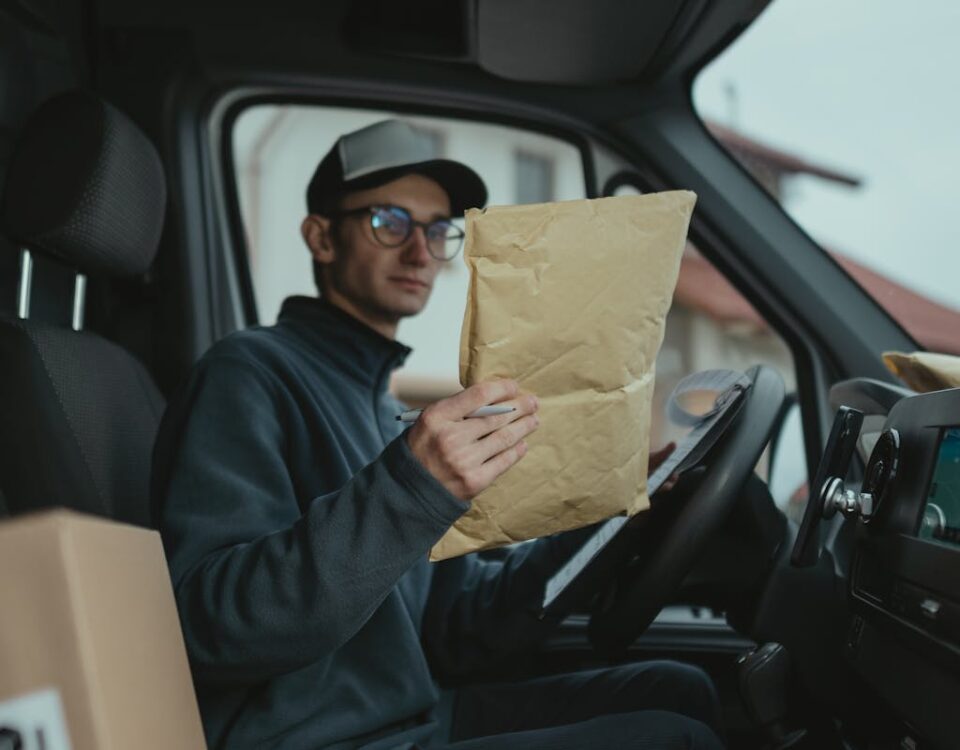 CNH profissional: Como se tornar motorista de entregas Delivery worker examining packages inside a van, focused on logistics.