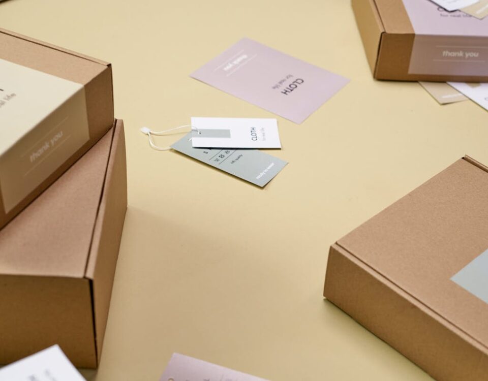 Embalagem e rótulos adesivos: o diferencial no e-commerce Simple and minimalist cardboard packaging boxes with labels on a yellow surface.